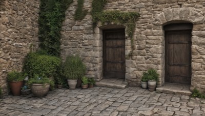 outdoors,no humans,window,grass,plant,scenery,stairs,door,basket,potted plant,wall,brick wall,flower pot,pavement,stone floor,brick,flower,day,bush,brick floor