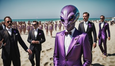 looking at viewer,blue eyes,brown hair,shirt,black hair,long sleeves,bow,standing,jacket,swimsuit,white shirt,male focus,outdoors,multiple boys,sky,barefoot,day,pants,dark skin,bowtie,black bow,mask,facial hair,ocean,beach,formal,sunglasses,dark-skinned male,suit,walking,science fiction,6+boys,black bowtie,mustache,sand,bald,traditional bowtie,tuxedo,multiple girls,glasses,collared shirt,blurry,dress shirt,blurry background,parody,black pants,ring,beard,purple jacket,very short hair,black suit,alien