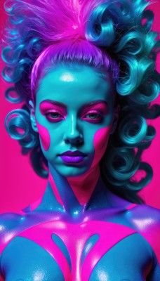 1girl,solo,long hair,breasts,looking at viewer,large breasts,simple background,medium breasts,closed mouth,nipples,blue hair,collarbone,upper body,pink hair,nude,multicolored hair,shiny,lips,eyelashes,makeup,colored skin,facial mark,pink background,lipstick,portrait,eyeshadow,curly hair,nose,blue skin,facepaint,purple skin,purple lips,bodypaint,pink skin,green eyes,purple hair,bodysuit,breasts apart