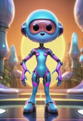 1girl,solo,looking at viewer,animal ears,closed mouth,standing,full body,blurry,black eyes,flat chest,no humans,blurry background,colored skin,robot,furry,1other,backlighting,science fiction,sunset,furry female,arms at sides,sun,android,joints,mechanical arms,platform footwear,straight-on,robot joints,open hands,fewer digits,humanoid robot,platform heels,mecha,non-humanoid robot,mechanization