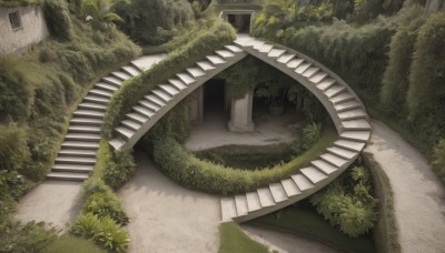 outdoors,day,tree,no humans,window,from above,grass,plant,building,nature,scenery,forest,stairs,door,road,bush,house,path,moss