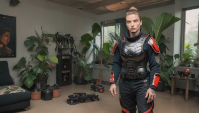 1girl,solo,looking at viewer,short hair,blonde hair,brown hair,brown eyes,jewelry,standing,weapon,belt,indoors,armor,lips,gun,window,bodysuit,ring,plant,science fiction,breastplate,realistic,camera,potted plant,animification,photo (object),power armor,1boy,male focus,uniform,parody,table