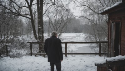 solo,short hair,long sleeves,1boy,standing,jacket,white hair,grey hair,male focus,outdoors,pants,from behind,tree,coat,black jacket,black pants,nature,scenery,snow,forest,cigarette,black coat,snowing,facing away,house,winter,bare tree,ground vehicle,building,fence,railing,road,old,old man