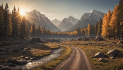 outdoors,sky,day,cloud,water,tree,no humans,sunlight,grass,nature,scenery,forest,sunset,rock,mountain,sun,road,river,landscape,mountainous horizon,lake,path,blue sky,pine tree