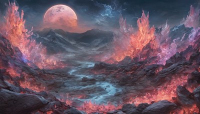 outdoors,sky,cloud,no humans,night,glowing,moon,cloudy sky,fire,star (sky),night sky,scenery,full moon,rock,mountain,fantasy,electricity,lightning,landscape,mountainous horizon,red moon,red sky,molten rock