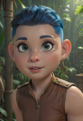 1girl,solo,looking at viewer,smile,short hair,bare shoulders,jewelry,green eyes,blue hair,upper body,earrings,outdoors,parted lips,teeth,sleeveless,artist name,blurry,lips,eyelashes,plant,child,nature,forehead,forest,zipper,freckles,realistic,nose,signature,watermark,piercing,web address