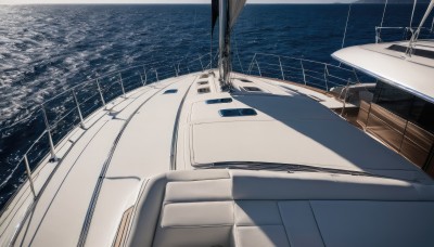 outdoors,sky,water,no humans,shadow,ocean,scenery,railing,watercraft,ship,boat,dock,day,horizon,vehicle focus,pier