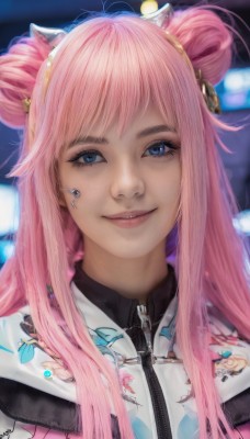 1girl,solo,long hair,looking at viewer,smile,bangs,blue eyes,hair ornament,animal ears,jacket,upper body,pink hair,parted lips,artist name,signature,hair bun,blurry,lips,eyelashes,double bun,blurry background,portrait,zipper,freckles,realistic,zipper pull tab,straight-on,teeth