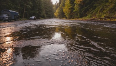 outdoors,day,water,tree,no humans,sunlight,ground vehicle,nature,scenery,motor vehicle,forest,reflection,car,road,vehicle focus,river,realistic,puddle