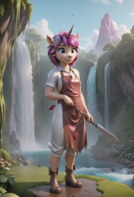 1girl,solo,breasts,smile,short hair,bangs,blue eyes,shirt,holding,animal ears,closed mouth,standing,tail,full body,white shirt,weapon,pink hair,purple hair,flower,short sleeves,multicolored hair,small breasts,boots,outdoors,horns,sky,day,pants,artist name,cloud,signature,water,holding weapon,apron,two-tone hair,tree,blue sky,streaked hair,torn clothes,watermark,brown footwear,happy,horse ears,grass,knife,nature,furry,single horn,personification,rock,white pants,furry female,holding knife,dirty,river,waterfall,torn pants,deer ears,hooves,blush,collared shirt,looking away,aircraft,airplane,cliff,moss,pond,stream