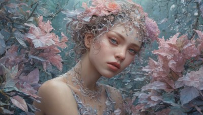 1girl,solo,looking at viewer,short hair,blue eyes,hair ornament,bare shoulders,jewelry,upper body,flower,hair flower,necklace,lips,grey eyes,leaf,tiara,plant,portrait,pink flower,freckles,circlet,underwater,realistic,nose,brown hair,dress,parted lips,eyelashes,makeup,gem