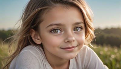 1girl,solo,long hair,looking at viewer,smile,brown hair,shirt,brown eyes,closed mouth,green eyes,white shirt,upper body,outdoors,day,blurry,lips,eyelashes,depth of field,blurry background,child,portrait,forehead,freckles,realistic,nose,female child,sky,signature,blue sky,close-up