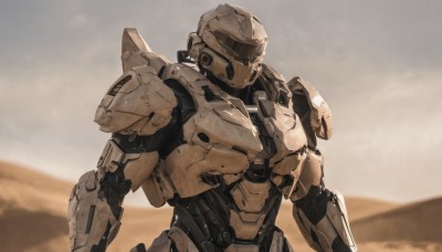 solo,1boy,upper body,male focus,outdoors,sky,armor,no humans,helmet,robot,mecha,science fiction,looking ahead,power armor,desert,dust,blurry,looking to the side,blurry background,looking down,1other,realistic,humanoid robot