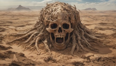 open mouth,outdoors,sky,teeth,day,cloud,no humans,scenery,skull,monster,sand,sepia,skeleton,bone,horror (theme),brown theme,desert,eldritch abomination,blue sky,cloudy sky,tentacles,dust