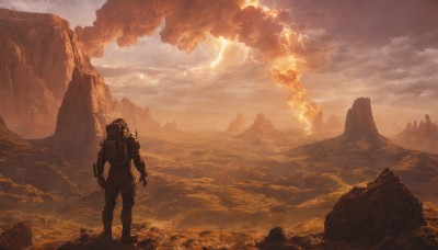 solo,1boy,standing,male focus,outdoors,sky,cloud,bag,from behind,backpack,helmet,cloudy sky,scenery,1other,science fiction,rock,mountain,electricity,lightning,ambiguous gender,molten rock,signature,spacesuit,cliff