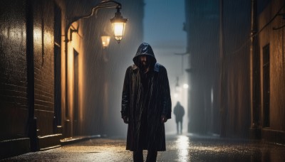 1girl,solo,looking at viewer,black hair,long sleeves,1boy,standing,jacket,male focus,outdoors,solo focus,pants,hood,blurry,coat,black jacket,night,glowing,black pants,building,glowing eyes,1other,hood up,rain,black coat,light,road,dark,lamppost,street,ambiguous gender,raincoat,alley,mask,depth of field,blurry background,scenery,city,multiple others