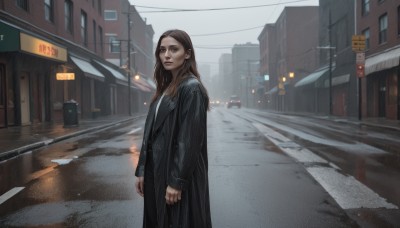 1girl,solo,long hair,looking at viewer,brown hair,shirt,long sleeves,brown eyes,jewelry,closed mouth,standing,jacket,white shirt,earrings,outdoors,open clothes,pants,lips,coat,black jacket,ground vehicle,building,scenery,motor vehicle,rain,black coat,city,sign,realistic,arms at sides,car,road,street,road sign,traffic light,crosswalk,parted lips,sky,day,from side,looking to the side,clenched hands,open coat,power lines,lamppost,grey sky,denim jacket