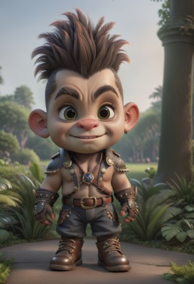 solo,looking at viewer,smile,short hair,brown hair,gloves,1boy,navel,brown eyes,jewelry,green eyes,standing,full body,male focus,boots,outdoors,parted lips,teeth,day,belt,pants,fingerless gloves,necklace,chibi,armor,mole,blurry,tree,mole under eye,muscular,blurry background,brown footwear,black pants,thick eyebrows,grass,pectorals,spiked hair,shoulder armor,brown gloves,pauldrons,topless male,bush,male child,leather,pillar,single pauldron,nipples,sky,artist name,leaf,abs,freckles,realistic,mohawk