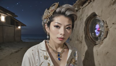 1girl,solo,looking at viewer,short hair,shirt,black hair,hair ornament,brown eyes,jewelry,collarbone,white shirt,upper body,earrings,outdoors,parted lips,sky,necklace,black eyes,lips,eyelashes,night,shadow,gem,portrait,star (sky),night sky,starry sky,freckles,realistic,nose,wall,window,makeup,badge