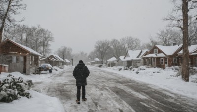 solo,long sleeves,1boy,standing,jacket,male focus,outdoors,sky,shoes,pants,hood,from behind,tree,coat,window,black pants,ground vehicle,building,scenery,motor vehicle,snow,snowing,hands in pockets,winter clothes,car,road,house,wide shot,winter,bare tree,footprints,rock,fence,bush,grey sky