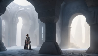 1girl,solo,short hair,brown hair,thighhighs,gloves,bare shoulders,standing,ass,boots,elbow gloves,indoors,from behind,cape,black footwear,armor,leotard,knee boots,scenery,backlighting,ruins,wide shot,pillar,column,weapon,high heels,thigh boots,high heel boots