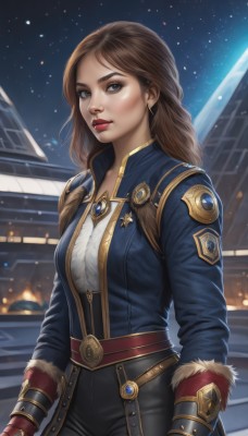 1girl,solo,long hair,breasts,looking at viewer,brown hair,shirt,gloves,long sleeves,brown eyes,jewelry,standing,jacket,cowboy shot,earrings,outdoors,sky,belt,pants,lips,fur trim,makeup,night,black pants,lipstick,building,gem,star (sky),night sky,snow,starry sky,snowing,nose,red lips,medium breasts,realistic