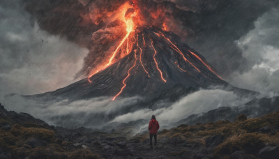 solo, standing, outdoors, sky, cloud, hood, from behind, bird, cloudy sky, fire, scenery, 1other, rain, mountain, lightning, ambiguous gender, molten rock