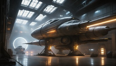 HQ,indoors,signature,water,military,no humans,window,robot,scenery,mecha,machinery,reflection,science fiction,realistic,aircraft,military vehicle,spacecraft,lights,cockpit,ground vehicle,cable,space,vehicle focus,planet