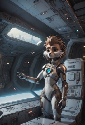 1girl,solo,breasts,smile,short hair,brown hair,animal ears,brown eyes,standing,small breasts,armor,bodysuit,robot,pointing,furry,science fiction,furry female,cable,monitor,cyborg,alien,power armor,cyberpunk,cockpit,holographic interface,hologram,joints,animal nose,robot joints,snout,brown fur