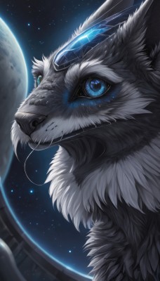 solo,blue eyes,horns,sky,from side,no humans,night,scar,moon,star (sky),night sky,furry,close-up,full moon,starry sky,space,furry male,closed mouth,green eyes,upper body,signature,animal,realistic,planet,wolf