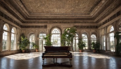 day,indoors,water,tree,no humans,window,sunlight,plant,instrument,scenery,reflection,light rays,stairs,clock,potted plant,piano,reflective floor,grand piano,table,wooden floor,architecture,painting (object),ceiling