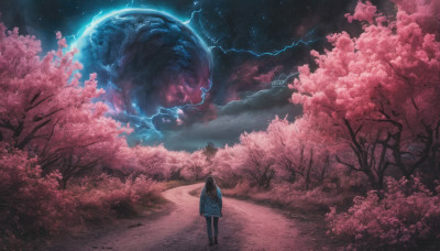 1girl, solo, long hair, black hair, standing, jacket, outdoors, sky, cloud, from behind, tree, night, moon, cherry blossoms, star (sky), night sky, scenery, starry sky, facing away, road, wide shot, planet, lightning