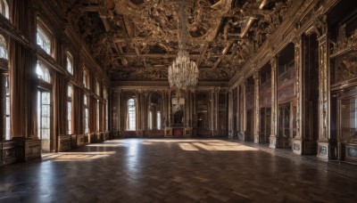 day,indoors,water,no humans,window,chair,sunlight,scenery,reflection,light rays,stairs,door,architecture,sunbeam,pillar,statue,ceiling,hallway,church,arch,reflective floor,chandelier,column,vanishing point,shadow,wooden floor,fantasy