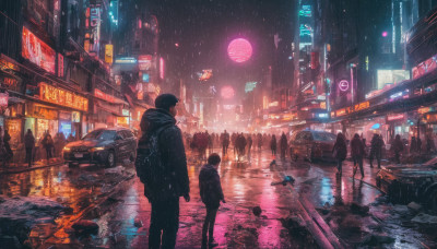 1girl, short hair, black hair, 1boy, outdoors, sky, dutch angle, night, ground vehicle, building, scenery, motor vehicle, reflection, rain, cigarette, city, sign, car, road, cityscape, street, city lights, cyberpunk, neon lights