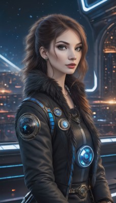 1girl,solo,long hair,looking at viewer,brown hair,long sleeves,jewelry,green eyes,jacket,upper body,earrings,outdoors,parted lips,open clothes,sky,belt,necklace,open jacket,lips,coat,black jacket,fur trim,makeup,night,lipstick,night sky,science fiction,nose,red lips,leather,leather jacket,breasts,bangs,closed mouth,ponytail,artist name,signature,from side,eyelashes,star (sky),eyeshadow,starry sky,backlighting,fur collar,realistic,emblem,badge,mascara,city lights