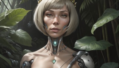 1girl,solo,looking at viewer,short hair,bangs,brown eyes,jewelry,closed mouth,collarbone,upper body,grey hair,lips,grey eyes,headgear,leaf,bob cut,plant,portrait,science fiction,realistic,nose,android,joints,mechanical arms,cyborg,robot joints,cyberpunk,mechanical parts,brown hair,nude,expressionless,robot,nature,forest