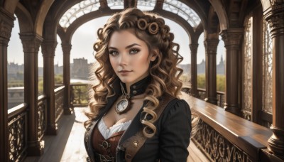 1girl,solo,long hair,breasts,looking at viewer,smile,large breasts,brown hair,cleavage,brown eyes,jewelry,medium breasts,closed mouth,jacket,upper body,outdoors,choker,day,mole,collar,lips,grey eyes,eyelashes,wavy hair,building,scenery,curly hair,stairs,realistic,nose,fantasy,railing,pillar,arch,steampunk,blue eyes,blonde hair,necklace,makeup,architecture,ringlets