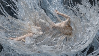 1girl,solo,long hair,1boy,white hair,wings,horns,water,claws,monster,ice,dragon,scales,waves,short hair,long sleeves,dress,closed eyes,male focus,lying,barefoot,white dress,arm up,on side