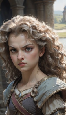 1girl,solo,long hair,breasts,looking at viewer,blush,blue eyes,blonde hair,brown hair,jewelry,closed mouth,collarbone,upper body,earrings,outdoors,day,artist name,armor,mole,blurry,lips,grey eyes,eyelashes,blurry background,wavy hair,thick eyebrows,messy hair,freckles,curly hair,serious,realistic,nose,castle,parted lips