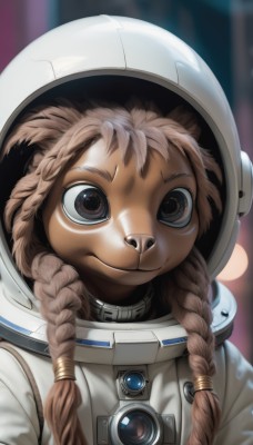 1girl,solo,long hair,looking at viewer,smile,brown hair,animal ears,brown eyes,closed mouth,upper body,braid,dark skin,blurry,twin braids,dark-skinned female,blurry background,helmet,portrait,hair over shoulder,furry,furry female,spacesuit,astronaut,:3