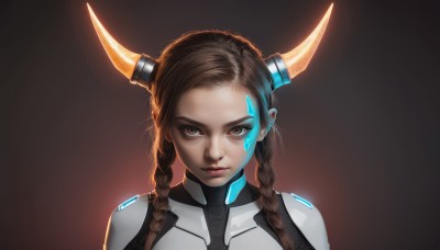 1girl,solo,long hair,looking at viewer,simple background,brown hair,twintails,brown eyes,closed mouth,upper body,braid,horns,twin braids,lips,gradient background,eyelashes,bodysuit,makeup,glowing,headgear,facial mark,portrait,forehead,nose,cyborg,glowing horns,dark skin,dark-skinned female,gradient,science fiction,realistic,horn ornament,facepaint