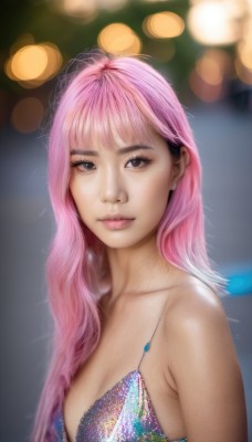 1girl,solo,long hair,breasts,looking at viewer,smile,bangs,cleavage,bare shoulders,brown eyes,jewelry,medium breasts,closed mouth,swimsuit,upper body,pink hair,bikini,multicolored hair,earrings,blurry,black eyes,two-tone hair,lips,depth of field,blurry background,watermark,blue bikini,freckles,realistic,nose,stud earrings,collarbone,artist name,eyelashes,bokeh