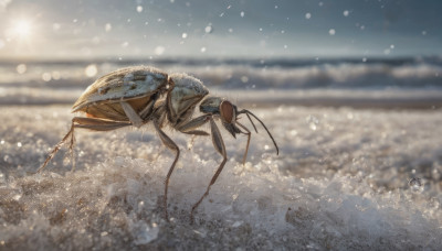 outdoors, sky, blurry, no humans, depth of field, blurry background, animal, bug, scenery, oversized animal