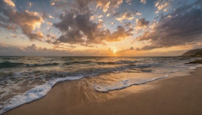 outdoors,sky,cloud,water,no humans,ocean,beach,sunlight,cloudy sky,scenery,sunset,sand,sun,horizon,waves,shore,orange sky,star (sky)