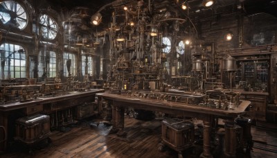 indoors,book,no humans,window,chair,table,sunlight,scenery,wooden floor,stairs,fantasy,clock,bookshelf,lamp,architecture,bridge,stool,gears,barrel,chandelier,steampunk,lantern,candle,shelf,cabinet,loaded interior