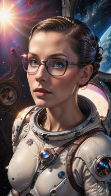 1girl,solo,breasts,looking at viewer,short hair,blue eyes,brown hair,black hair,upper body,braid,small breasts,parted lips,sky,glasses,hair bun,armor,lips,bodysuit,makeup,lipstick,star (sky),science fiction,black-framed eyewear,realistic,nose,sun,red lips,space,planet,earth (planet),spacesuit,astronaut,lens flare,emblem,spacecraft