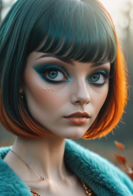 1girl,solo,looking at viewer,short hair,bangs,black hair,jewelry,green eyes,collarbone,multicolored hair,earrings,parted lips,teeth,artist name,blunt bangs,necklace,orange hair,mole,blurry,two-tone hair,lips,eyelashes,gradient hair,makeup,depth of field,blurry background,watermark,bob cut,lipstick,portrait,web address,close-up,eyeshadow,freckles,realistic,nose,red lips,eyeliner,mascara,signature,mole under eye,leaf,feathers