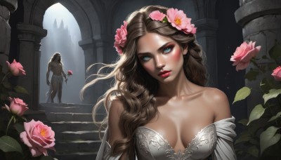 1girl,long hair,breasts,looking at viewer,blush,blue eyes,brown hair,hair ornament,1boy,dress,holding,cleavage,bare shoulders,medium breasts,collarbone,upper body,weapon,flower,parted lips,detached sleeves,solo focus,sword,artist name,hair flower,white dress,armor,lips,eyelashes,makeup,rose,leaf,wavy hair,plant,lipstick,breasts apart,pink flower,eyeshadow,curly hair,stairs,realistic,fantasy,arms at sides,holding flower,red lips,ruins,pillar,statue,mascara,column,solo,blonde hair,standing,outdoors,day,shiny,off shoulder,head tilt,sunlight,strapless dress,nose,eyeliner,arch