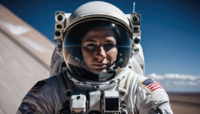 solo,looking at viewer,blue eyes,1boy,upper body,male focus,sky,blurry,blurry background,helmet,freckles,reflection,science fiction,realistic,space,american flag,spacesuit,japanese flag,pilot,united states,astronaut,closed mouth,day,portrait,planet,space helmet