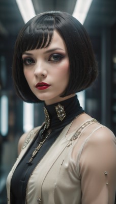 1girl,solo,breasts,looking at viewer,short hair,bangs,shirt,black hair,bare shoulders,jewelry,green eyes,jacket,upper body,small breasts,parted lips,sleeveless,artist name,necklace,blurry,black eyes,vest,lips,grey eyes,makeup,blurry background,bob cut,white jacket,lipstick,eyeshadow,zipper,freckles,realistic,nose,red lips,blush,blue eyes,dress,medium breasts,teeth,see-through,eyelashes,swept bangs,eyeliner,mascara